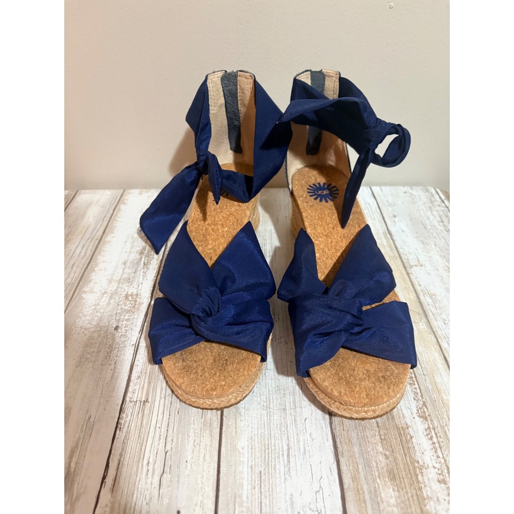 UGG Trina Espadrille Wedge Sandals Womens 9 Navy Blue Excellent Bow Ankle Wrap